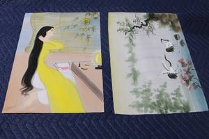 lot 922 image: Pair of Asian Art Paintings with Cranes and Woman in Yellow Dress
