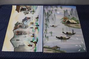 lot 924 image: Set of 2 Hand-Painted Canvases with Scenic and Traditional Village Themes