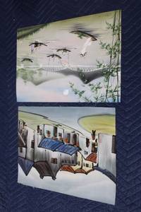 lot 927 image: Set of 2 Traditional Asian Village and River Scenes Paintings