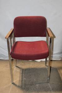 lot 980 image: Vintage Burgundy Upholstered Armchair with Metal Frame