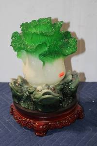lot 1006 image: Chinese Cabbage Resin Sculpture with Money Frogs on Wooden Base