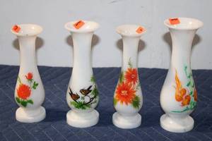 lot 1017 image: Set of 4 Vintage Milk Glass Bud Vases with Floral and Bird Designs