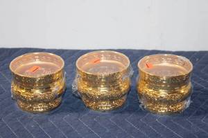 lot 1019 image: Set of 3 Ornate Gold-Finished Metal Vases