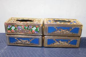 lot 1100 image: Set of 2 Decorative Tissue Box Holders with Floral and Blue Velvet Design