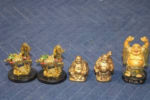 lot 1153 image: Collection of 5 Assorted Gold-Tone Figurines Including Laughing Buddha and Horses