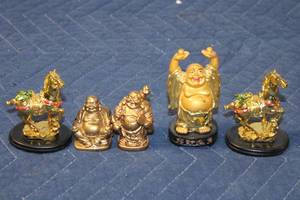 lot 1154 image: Set of 3 Laughing Buddha Statues and 2 Zodiac Horse Figurines