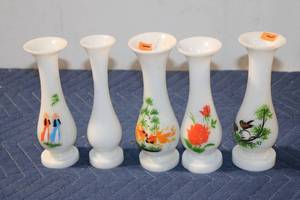 lot 1209 image: Set of 5 Hand-Painted Milk Glass Bud Vases with Asian and Floral Motifs