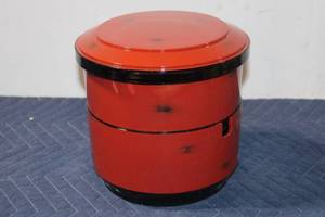 lot 1220 image: Red Lacquered Bento Box Set with Two Inner Bowls and Spoons