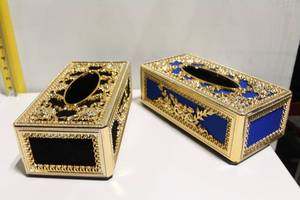 lot 959 image: Set of 2 Ornate Gold-Plated Tissue Box Covers - Blue and Black Velvet