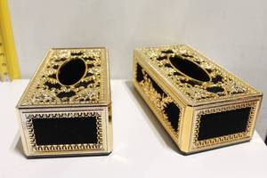 lot 964 image: Set of 2 Ornate Black and Gold Tissue Box Holders