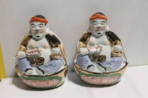 lot 968 image: Pair of Vintage Porcelain Happy Buddha Figurines with Floral Design