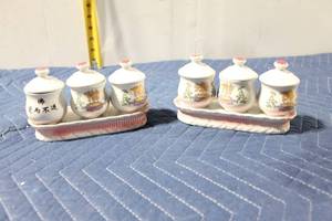 lot 1023 image: Set of 6 Porcelain Spice Jars with Decorative Design