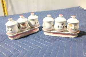 lot 1028 image: Set of 2 Ceramic Spice Jar Sets with Lids and Trays