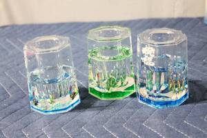 lot 1065 image: Set of 3 Decorative Liquid-Filled Coastal Scene Glasses