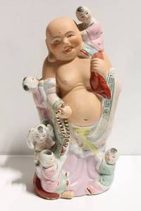 lot 1129 image: Vintage Porcelain Laughing Buddha Figurine with Children