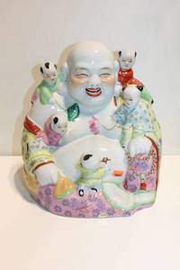 lot 1197 image: Hand-Painted Porcelain Laughing Buddha with Children Figurine