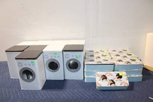 lot 1260 image: Set of 20 Novelty Metal Storage Tins - Laundry Theme and Unicorn Designs