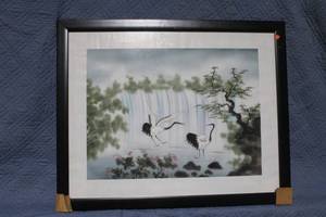 lot 1267 image: Framed Artwork with Cranes and Waterfall Scene