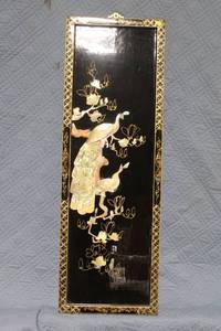 lot 1276 image: Oriental Lacquer Wall Panel with Mother of Pearl Inlay - Peacock Design
