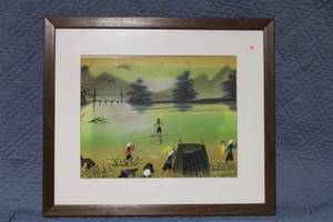 lot 1281 image: Framed Asian Landscape Painting with Bamboo Motif