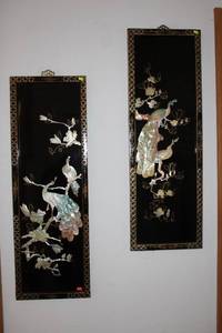 lot 240 image: Pair of Mother of Pearl Inlaid Peacock Wall Panels