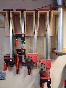 lot 26 image: (3) Quality made Wall Mounted Woodworking Clamp Hangers