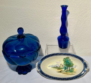lot 252 image: Vintage Viking Glass Covered Candy, Vintage Cobalt Blue Glass Bud Vase and Vintage 1930s Noritake Hand Painted Celery Plate