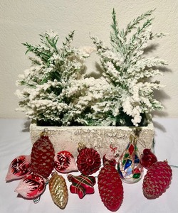 lot 254 image: Pretty Christmas Decor Frosted Faux Trees and Vintage Red Ornaments