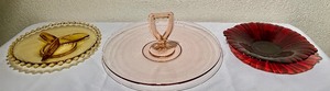lot 265 image: Vintage Pink Depression Glass Center Handle Serving Serving Tray, Bohemian Czech Candlewick Amber Divided Dish Red Anchor Hocking Ruby 3-Footed Candy Dish