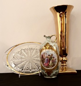 lot 230 image: Grouping of Prov Sxe Es Germany Porcelain Floral Pitcher Numbered, Haeger Gold Vase and Vintage Relish Dish