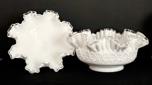 lot 250 image: Vintage Fenton Milk Glass Silver Crest Spanish Lace Round Ruffled Edge Bowl and Fenton Silvercrest Footed Milk Glass Bowl