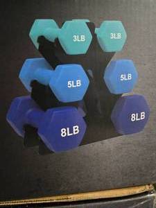 Lot of One Box Containing Two 8LBs, Two 5LBs and Two 3LBs dumbbells (Total of 32 LBs).