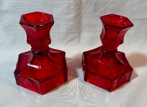 lot 42 image: FOSTORIA Ruby Red Glass Coin Candlestick Holders