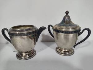 lot 26 image: Matching Silver Plated (Silver on Copper) Sugar & Creamer Set
