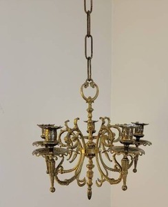 lot 15 image: Ornate French 5 Stick Brass Hanging Candelabra