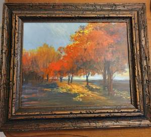 lot 104 image: Flaming Fall Leaf Orchard Framed Oil Painting
