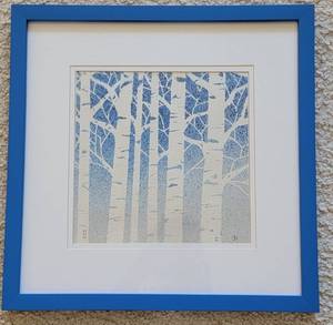 lot 110 image: Framed Blue Birch Watercolor Pointelism Print Artist Signed