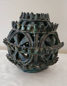 lot 111 image: MCM Blue Glaze Terracotta Pou Openwork Vessel, as