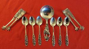 lot 7 image: Tele by Mylius Brodrene Norwegian Sterling Demitasse Spoons  Marthinsen Blue Bells Spoon  Valdres Tongs  104 grams