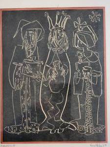 lot 112 image: Mid Century Scratchboard Art  Monopriest by Sue Kehe