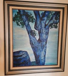 lot 113 image: Original Oil Framed Blue Tree Artwork