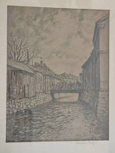lot 202 image: Vintage Pencil Sketch Moat Bridge