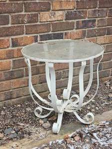 lot 98 image: Scolled Iron Patio Table with Glass Top