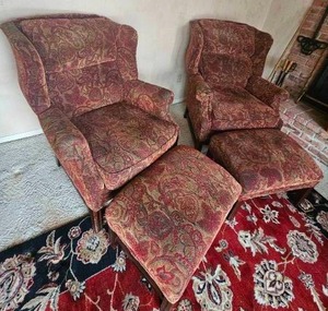 lot 86 image: Handsome Wingback Armchairs & Ottomans with Floral Upholstery