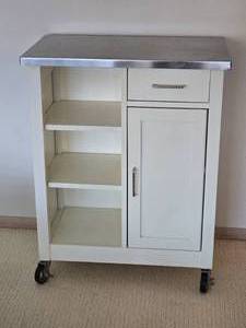 lot 38 image: Stainless Steel Topped Rolling Kitchen Island Cabinet - Cream