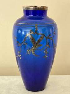 lot 152 image: Breathtaking Vintage MCM Sterling Silver Rimmed Cobalt Glass Vase