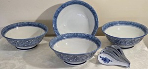 lot 142 image: Elegant Japanese Blue Painted Ramen Bowl Set with Spoons - (4)