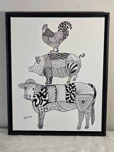 lot 368 image: Fun Fine Art Zentangle Print - Vivian - Cow, Pig & Rooster