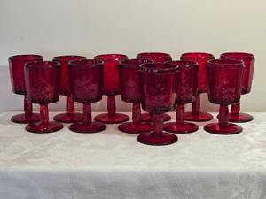lot 141 image: Vintage Westmoreland Ruby Red Paneled Grape Vine Wine Glass Set - (12)