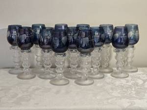lot 134A image: Brilliant Mid-Century Modern Cut to Clear Indigo Wine Glass Set - (13)